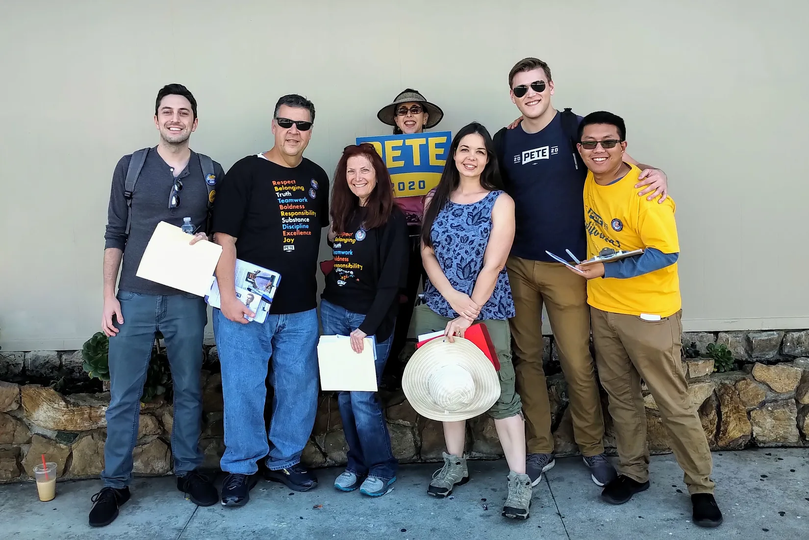 Six campaign volunteers standing together before or after canvassing in North Hollywood