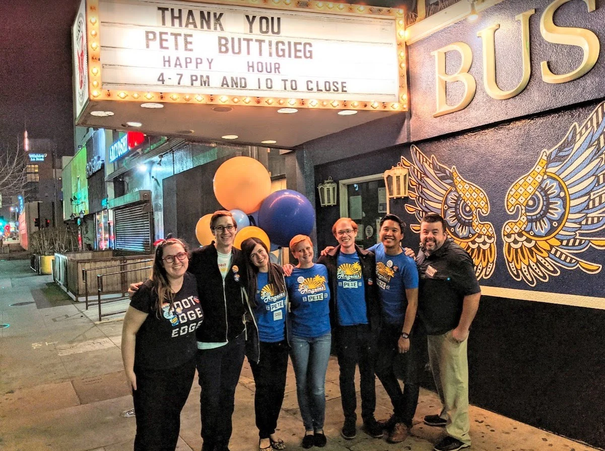 Seven Los Angeles for Pete grassroots organizers together outside the final Super Tuesday gathering in March 2020