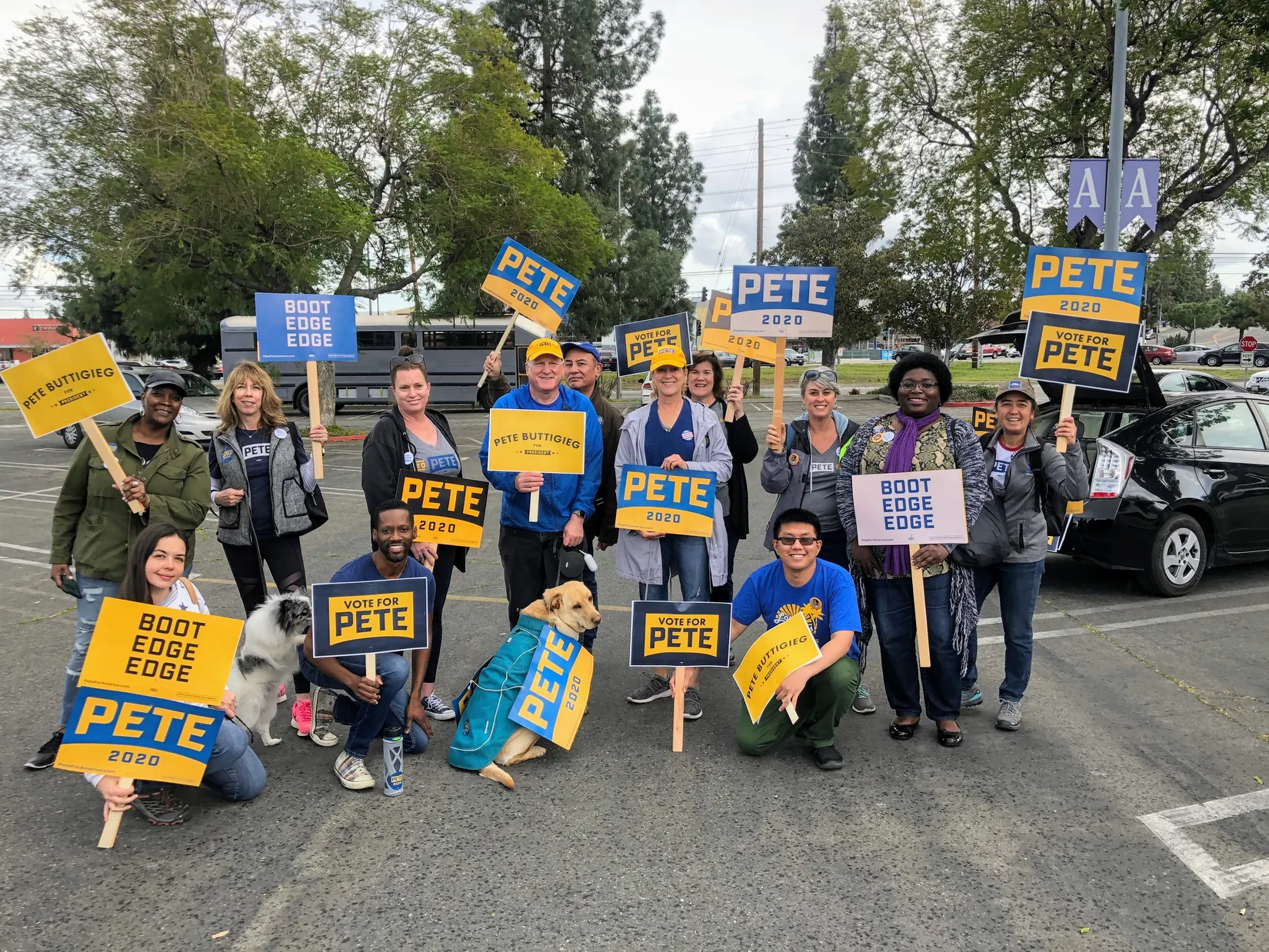 A group of supporters carrying Pete 2020 signs during a February 2020 Pete Walk